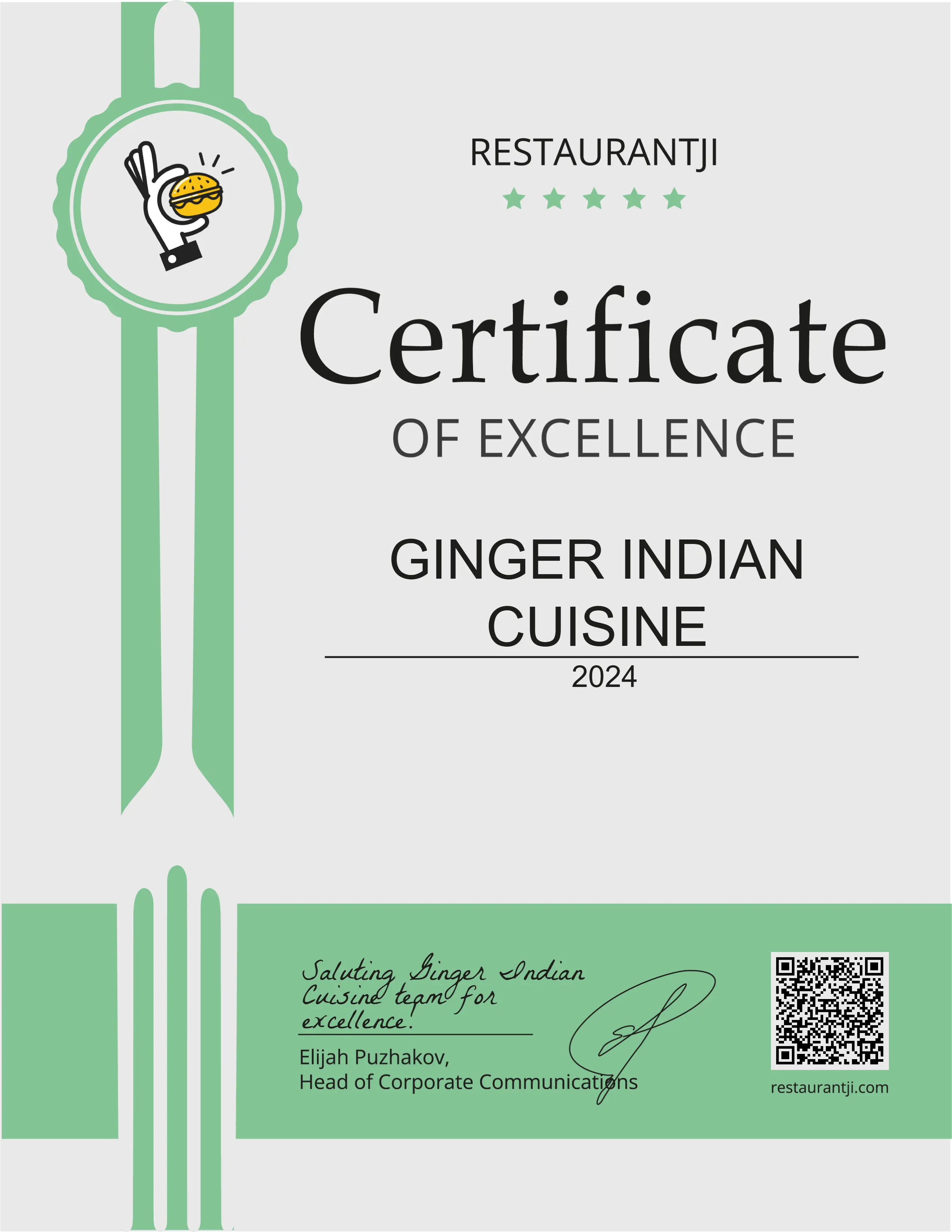 Restaurantji Certificate of Excellence 2024 - Ginger Indian Cuisine, Richmond BC